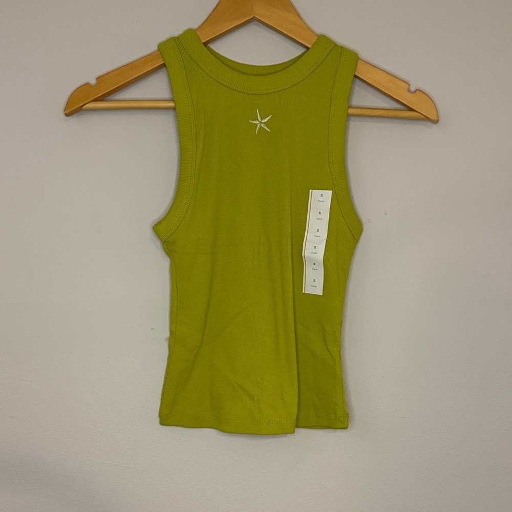 a new day Lime Green Ribbed Tank Top with Star Embroidery